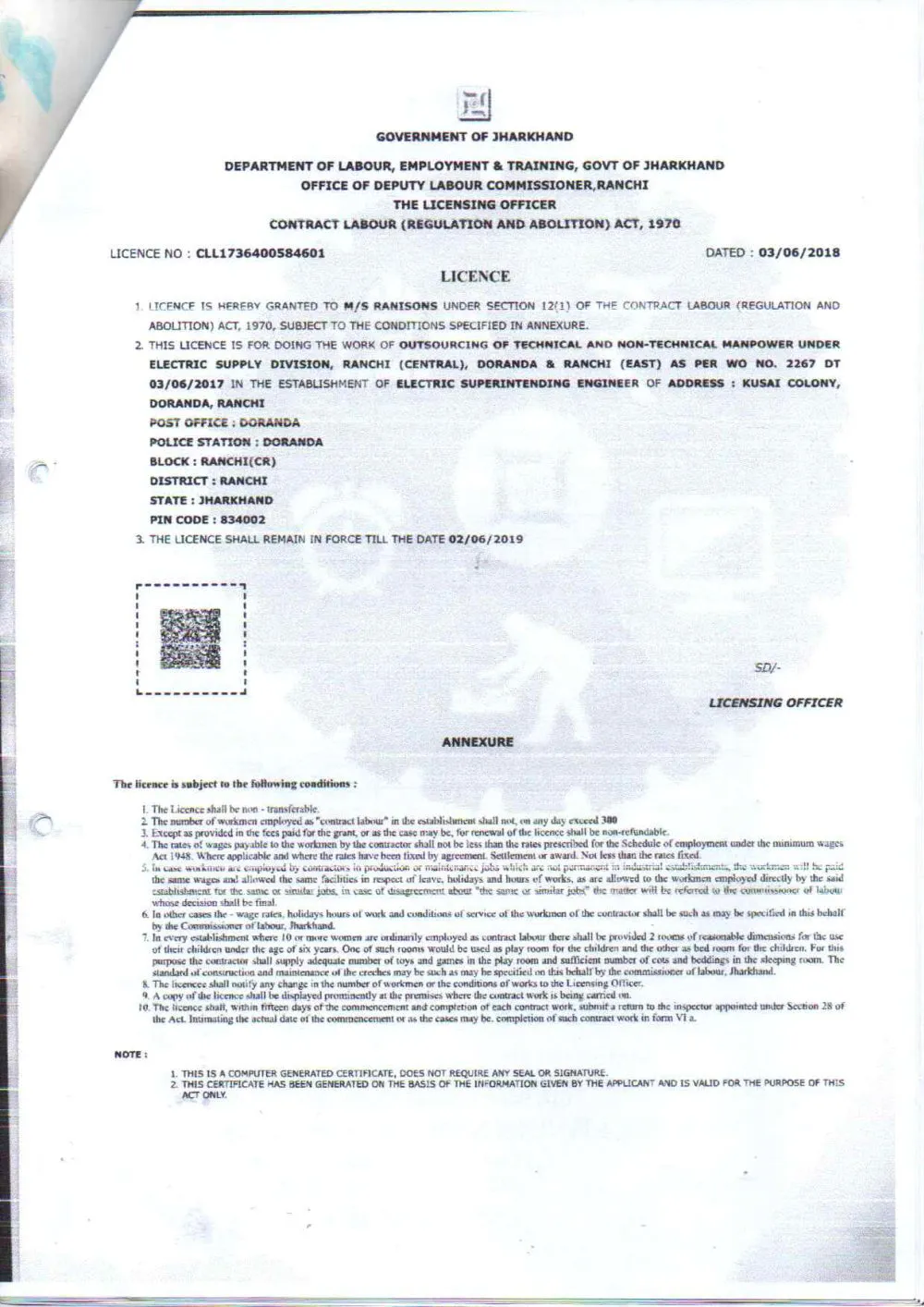Contract labour licence issued under the Contract Labour Act, 1970