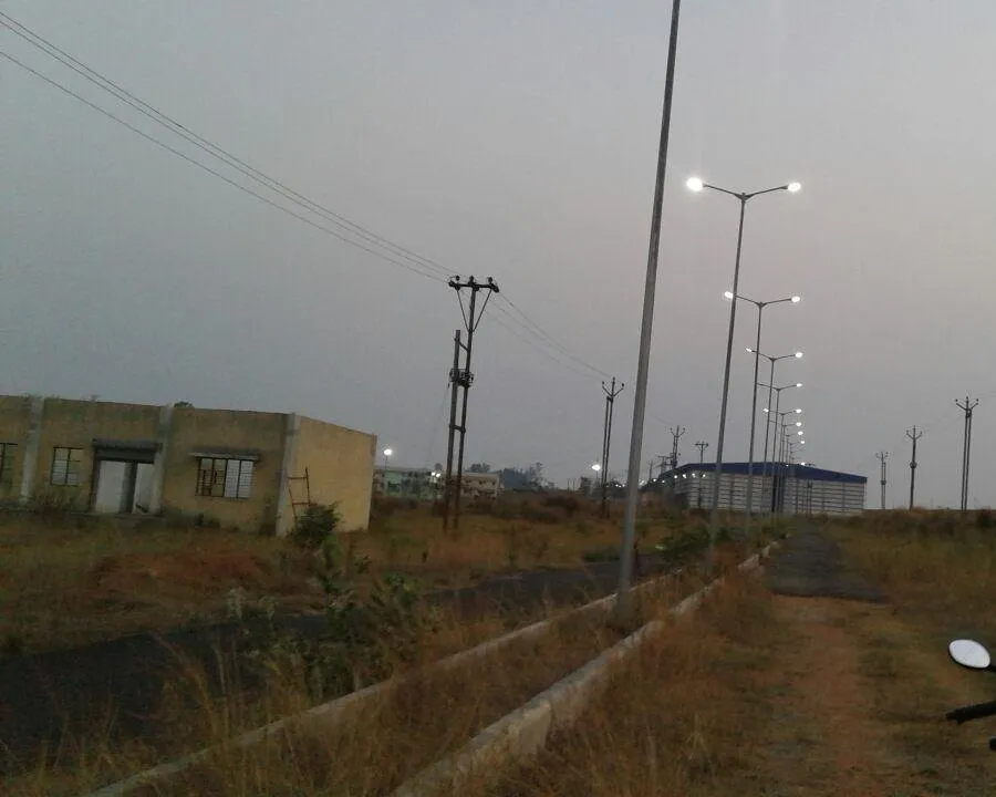 Twin-arm street lighting columns illuminated at dusk along a campus road