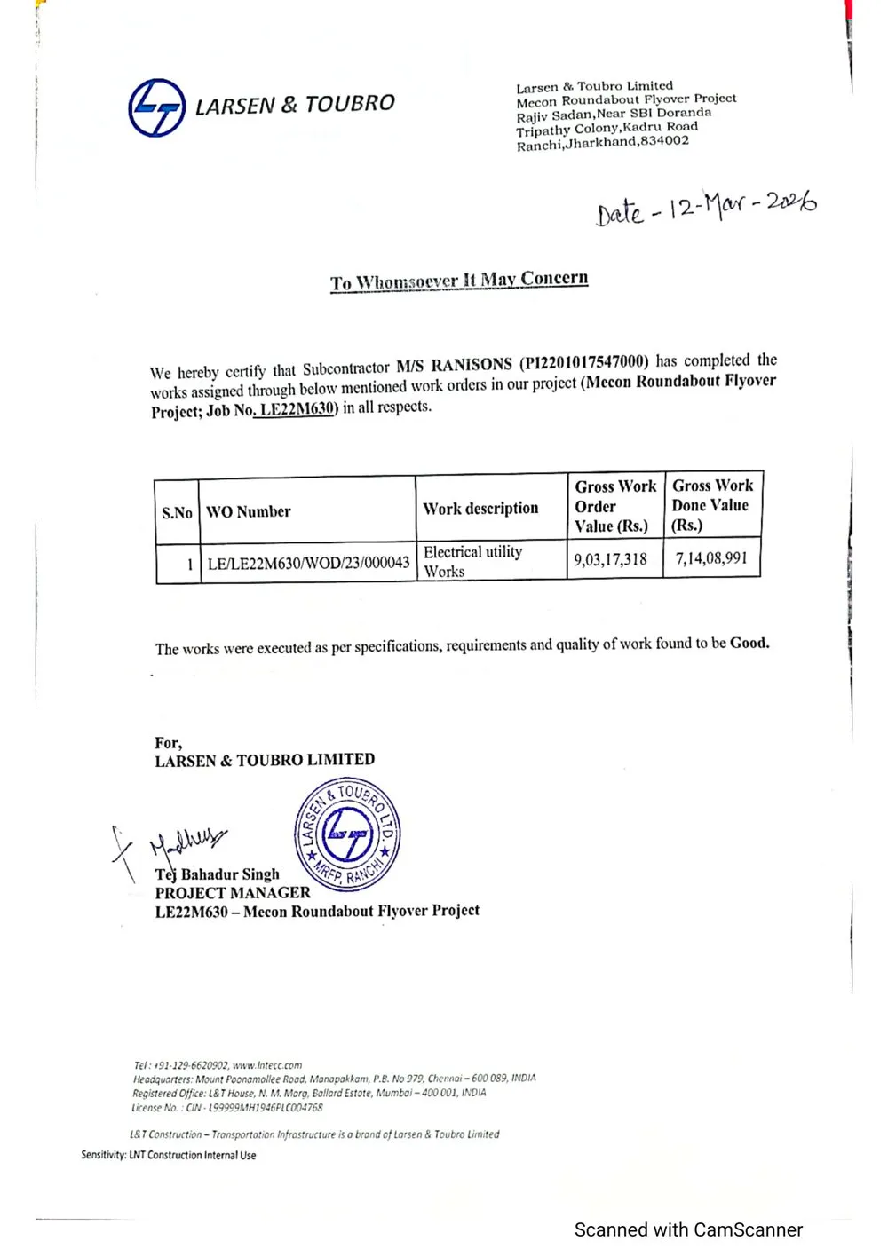 Completion certificate from Larsen & Toubro Limited for electrical utility works on the Mecon Roundabout Flyover project, Ranchi